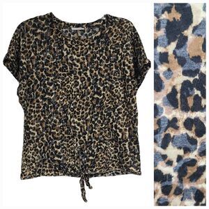 Molly Rose Leopard Print Knit Top Tie Front Pullover Dolman Sleeve Blouse Shirt